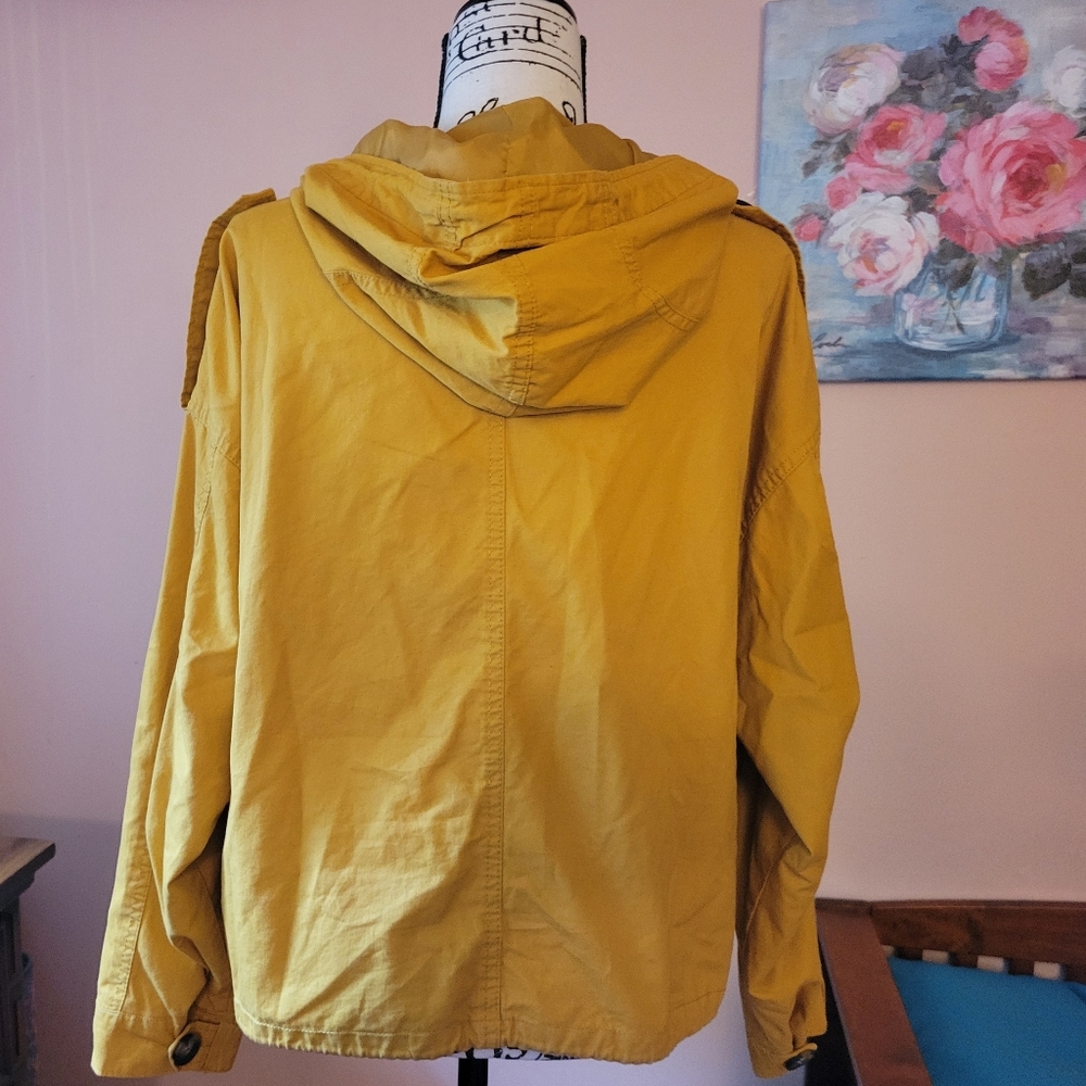 Forever 21 Mustard Yellow Hooded Cargo Jacket, Drawstring Hem, EUC L, Juniors - Picture 7 of 11